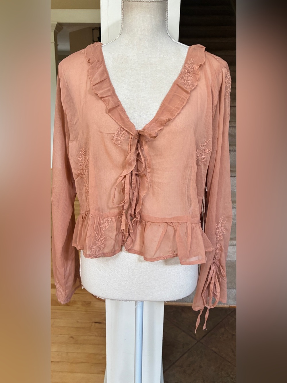 Peach Ruffle Tie-Front Embroidered Sheer Blouse/ Jacket